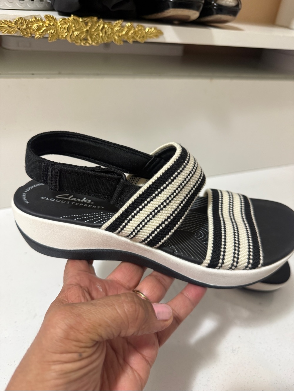 Clarks Cloudsteppers Black and White Striped Sport Sandal, brand new without box